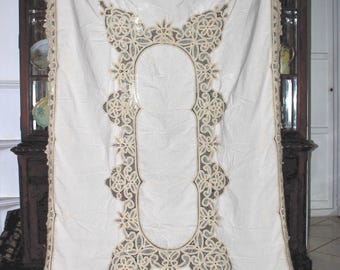 Antique AMERICAN Battenburg Lace Linen Banquet Tablecloth 96"x63"