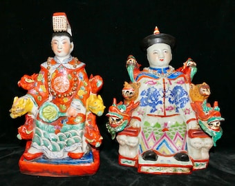 Qing Chinese Famille Rose Emperor & Empress Large Figurines with Dragons, Lions, Dogs