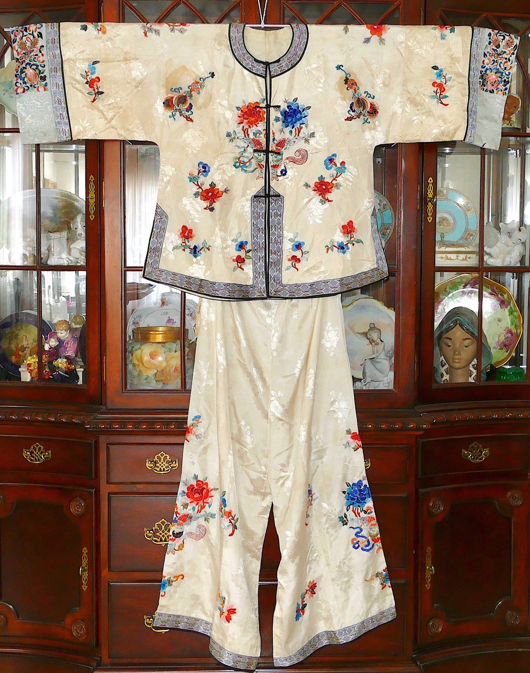 Late Qing Chinese Embroidered Robe & Pants Suit Embroidered Cuffs ...