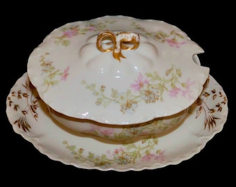 vers 1894-1931 Haviland France Limoges Schleiger #70b Bol ovale couvert en porcelaine peint à la main avec plaque sous-jacente UI