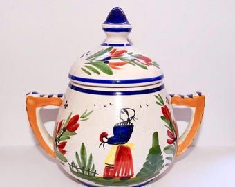 Azucarero de dos asas HB Quimper Francia, figuras de loza Petit Breton, azul Mistral