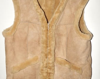 Australian Real Woolmark Sheepskin Shearling Mens Reversible Zip Vest Size 48 Western Rancher