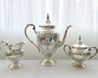 Rare GORHAM PURITAN Hand Chased Sterling Silver Tea~Coffee Pot Sugar Creamer Set Not Monogrammed!
