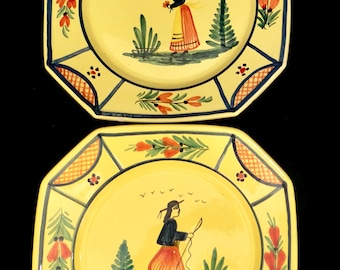 1920s HenRiot Quimper France PAIR Mistral Blue Breton Man Lady Octagon 8" Plates