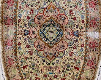 Antique Oval Ultra Fine Kashmiri Silk Hand Knotted Pictorial Hunting Rug 5.11x3.8