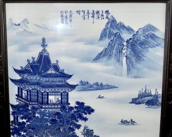 【中古】青い抽象画 サイン入り 白フレーム19-338 Chinese Blue White Porcelain Qinghua Ci 青花瓷 Mountain River Shan