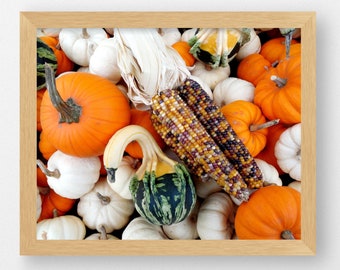 FALL GOURDS And CORN-Fine Art Print, Farm Photography, Farm Market, Farm Decor, Fall Decor, Gourds, Indian Corn, Thanksgiving Decor, Autumn