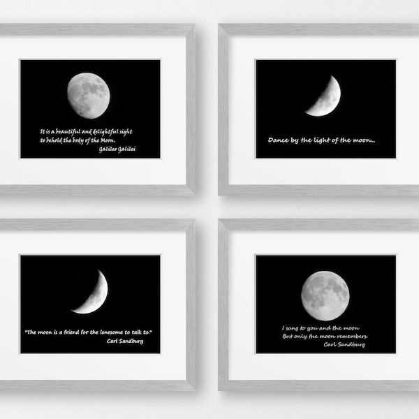 MOON PRINTS ENSEMBLE--5X7 Matted Prints, Lunar Photography, Zen Decor, Astronomy, Moon Photography, Moon Pictures, Moon Quotes, Lunar Decor