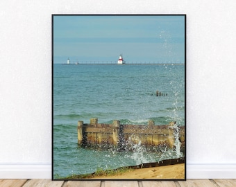 LAKE MICHIGAN SPRAY--Saint Joseph Lighthouse, Michigan Photography, Beach Photography, Lighthouses, Nautical, Lake Michigan, Great Lakes