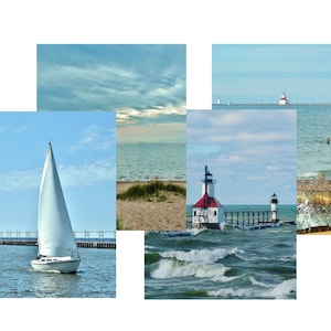 May include: A collage of four images featuring lighthouses and a sailboat on a body of water. The top left image shows a blue sky with white clouds. The top right image shows a lighthouse on a pier with a blue sky and calm water. The bottom left image shows a sailboat with a white sail on a body of water. The bottom right image shows a lighthouse on a pier with a blue sky and choppy water.