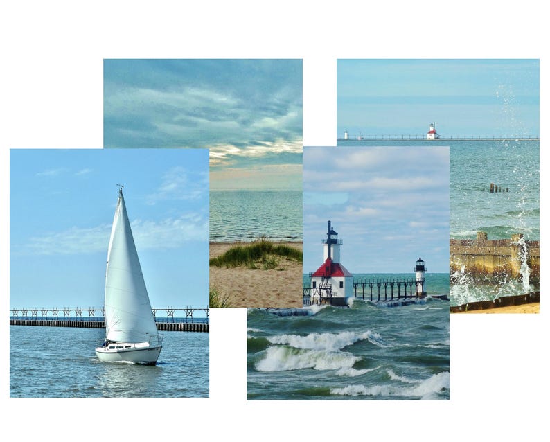 May include: A collage of four images featuring lighthouses and a sailboat on a body of water. The top left image shows a blue sky with white clouds. The top right image shows a lighthouse on a pier with a blue sky and calm water. The bottom left image shows a sailboat with a white sail on a body of water. The bottom right image shows a lighthouse on a pier with a blue sky and choppy water.