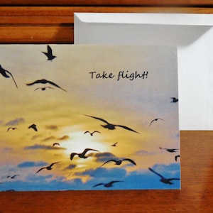 May include: A greeting card with a sunset background and silhouettes of birds flying in formation. The text "Take flight!" is printed in black on the card.