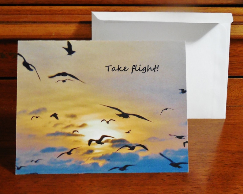 May include: A greeting card with a sunset background and silhouettes of birds flying in formation. The text "Take flight!" is printed in black on the card.
