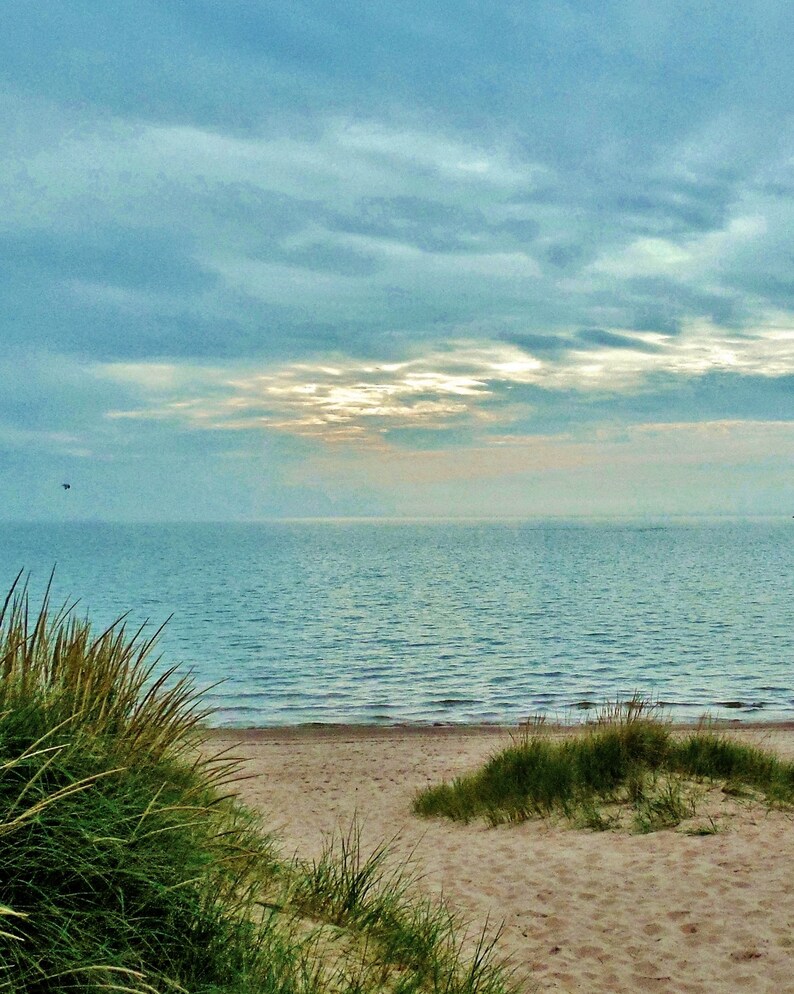 May include: A view of a sandy beach with green grass growing on the dunes. The ocean is in the background with a blue sky and white clouds.
