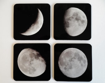 MOON PHASES Beverage Coasters--4 Assorted, Hostess Gift, Housewarming, Coaster Set, Moon Coasters, Drink Ware, Bar Ware, Shower Gift, Gifts