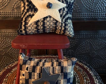 Primitive Navy Blue Coverlet Pillows. Set of 2.  6”x6” and 4”x6”