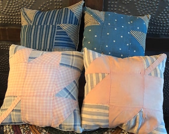 Primitive 7”x7” Vintage Quilt Pillows/Cupboard Tucks/Bowl Fillers. Choice of Blue or Pink. Set of 2
