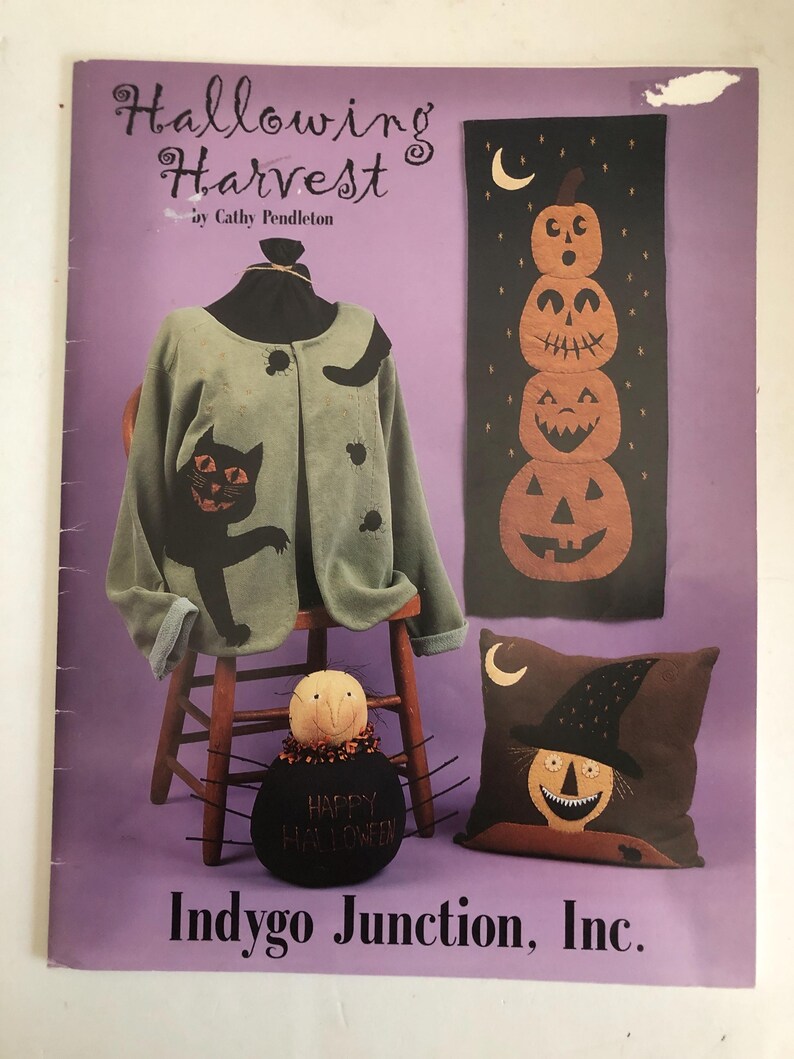 May include: A purple book cover with the title "Hallowing Harvest" and a green jacket with a black cat applique. Other items include a pumpkin banner, a witch pillow, and a spider-like figure with "Happy Halloween" text.