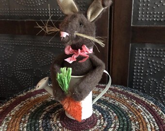 Primitive 10 Inch Spring/Easter Bunny in a Watering Can