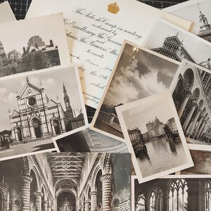 May include: A collection of vintage black and white postcards and documents. The postcards depict architectural landmarks, including churches and buildings. Some documents have handwritten text. The overall theme is historical and travel-related.