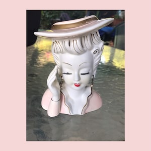 Tilso Japan Pink Lady Head Vase, Pearl earrings, eyelashes, hat and white glove