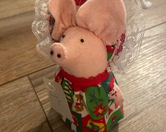 Handmade Felt Sewn Christmas Piggy Pig Farm Coroler Singer Ornament