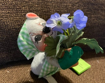 Vintage 1965-77 Annalee Doll- Gardener Mouse with Bandana and Pot of Purple Blue Flowers