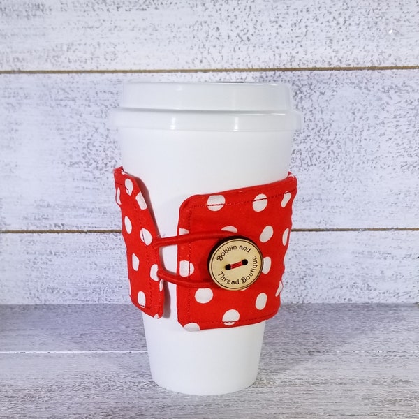 Coffee Tea Cup Reusable Cup Cozy Insulated Sleeve Secured With Elastic and Button Fabric Cup Mug Wrap in Red with White Polka Dots-Cup Cozy