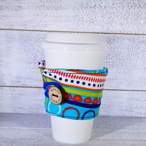 Coffee Tea Cup Reusable Cup Cozy Insulated Sleeve Secured With Elastic and Button Fabric Cup Mug Wrap in Multi-Print-Cup Cozy-Coffee Tea