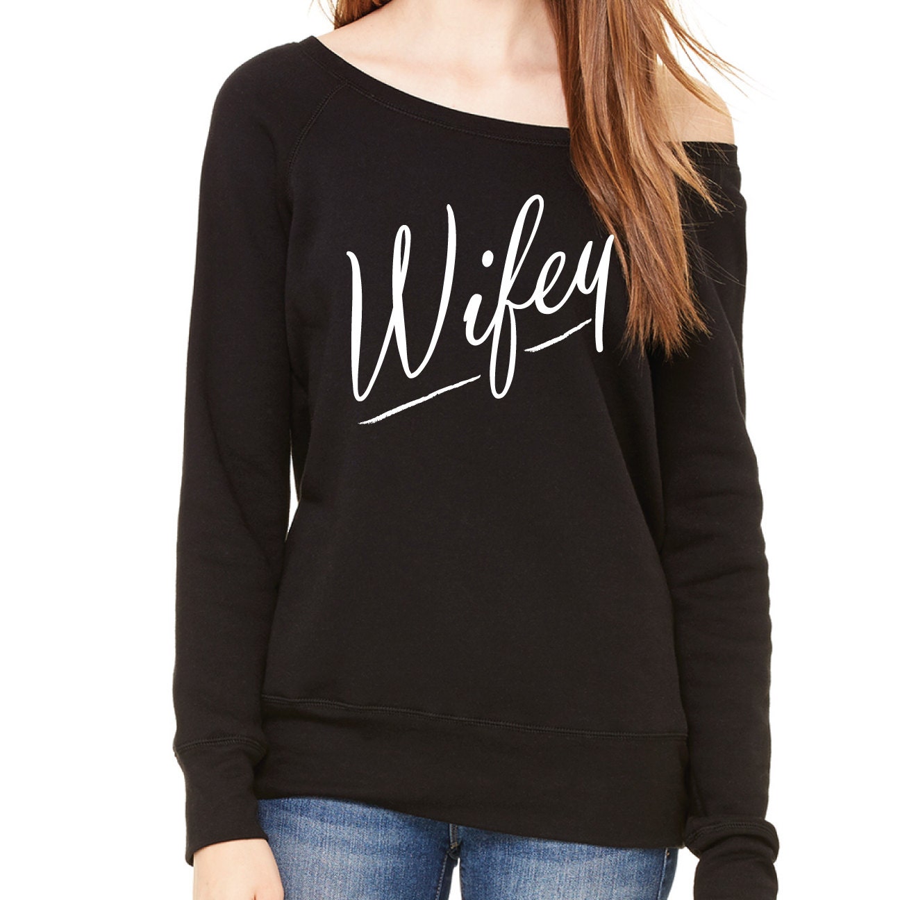 Wifey Bella Canvas Ladies' Wideneck Sweatshirt deep Heather/black ...