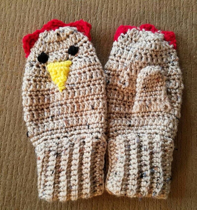 Warm and Whimsical Chicken Mittens Hand Crocheted Mittens. Keep Your