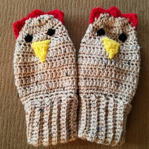 Warm and whimsical chicken mittens! Hand crocheted mittens. Keep your hands warm while making the statement...I Love Chickens!