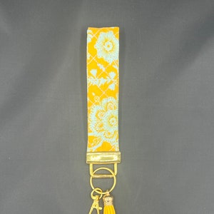 Tula Pink Yellow and Light Blue Flower Wristlet Keyfob/ Cotton Wristlet Keychain/ Gift for Her