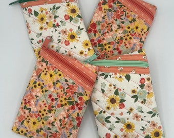 Bolsa floral acolchoada com zíper cruzado - floral pêssego girassol - bolsa de margarida de menta e coral - presente para ela - bolsa de volta às aulas