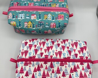 Pink Christmas Boxy Bag - Makeup Organizer - Boxed Zipper Bag