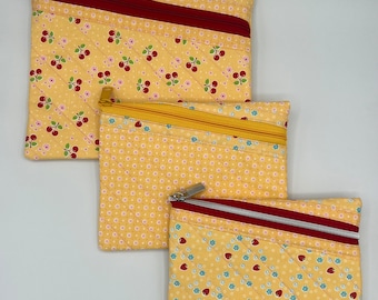 Flat Quilted Cross Zipper Pouch - Cherries- Strawberries