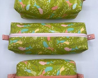 Mermaid Print Boxy Zipper Bag: Cotton Travel Pouch