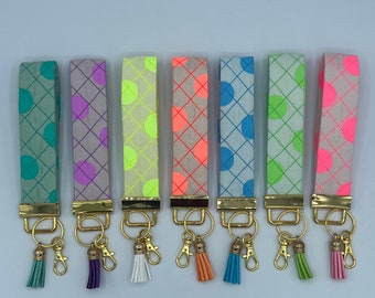 Polka Dot Cotton Wristlet Keyfob: Quilted Keychain with Tassel
