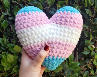 Trans Pride Heart Plushie | Made to Order Handmade Crochet | Transgender Flag Pink Blue White Stripes Plush Toy Queer LGBTQ+ Love Amigurumi