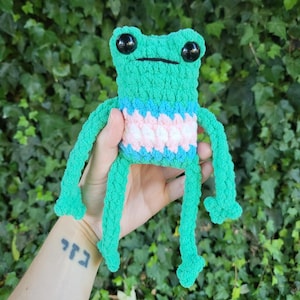 Trans Pride Leggy Frog Plushie | Made to Order | Transgender Flag Handmade Crochet Amigurumi Toy Stuffed Animal Plush Froggo Gift LGBTQIA+