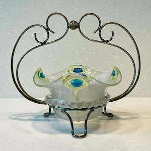 Stuart and Sons Rare Uranium Glass Peacock Eye Glass Bowl and Silver Stand