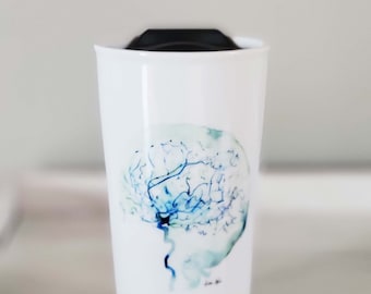 Cerebral Angiography Ceramic Travel Mug 16oz - Brain Mug - Neurology and Cardiovascular Art