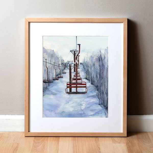 Chairlift Watercolor Print - Ski Lift Painting - Snow Painting - Winter Art