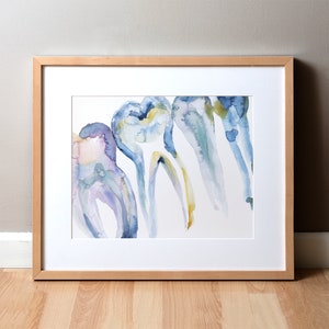 Impresión artística en acuarela de radiografías periapicales de dientes - Pintura de anatomía dental en azul