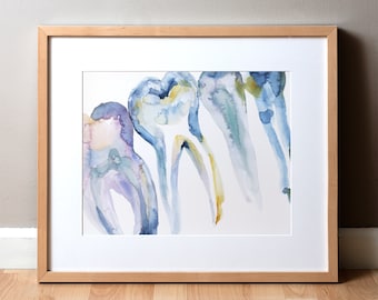 Periapical X Ray Teeth Watercolor Art Print - Dental Anatomy Painting In Blue