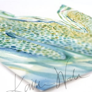 May include: A watercolor painting of a green and blue leaf with a textured surface. The painting is signed "Kaimi  Nalu" in the bottom right corner.
