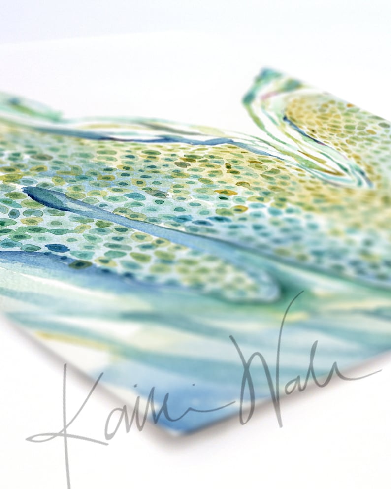 May include: A watercolor painting of a green and blue leaf with a textured surface. The painting is signed "Kaimi  Nalu" in the bottom right corner.