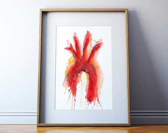 大動脈の水彩画アートプリント - 血管の水彩画 - 解剖学アート - 心臓