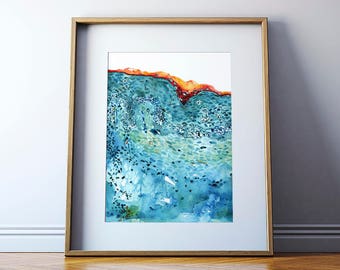 May include: Abstract watercolor painting in shades of blue, green, and orange. The painting features a layered, textured design with a hint of red in the upper right corner.