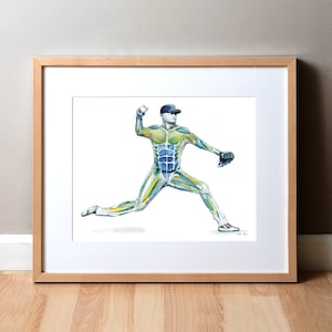May include: A watercolor painting of a baseball player in a pitching motion. The player's muscles are visible through their skin, showing the anatomy of the body in action.